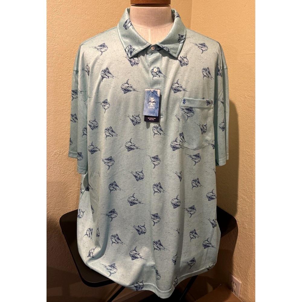 Izod Saltwater Mens Dockside Polo Green Swordfish Print Sz 4XB Big & Tall
